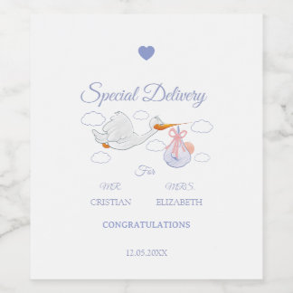 Blaue Speziallieferung Storch Baby Shower Weinetikett