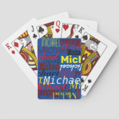 Blaue Spielkarten mit Namen in Farben (Rückseite)