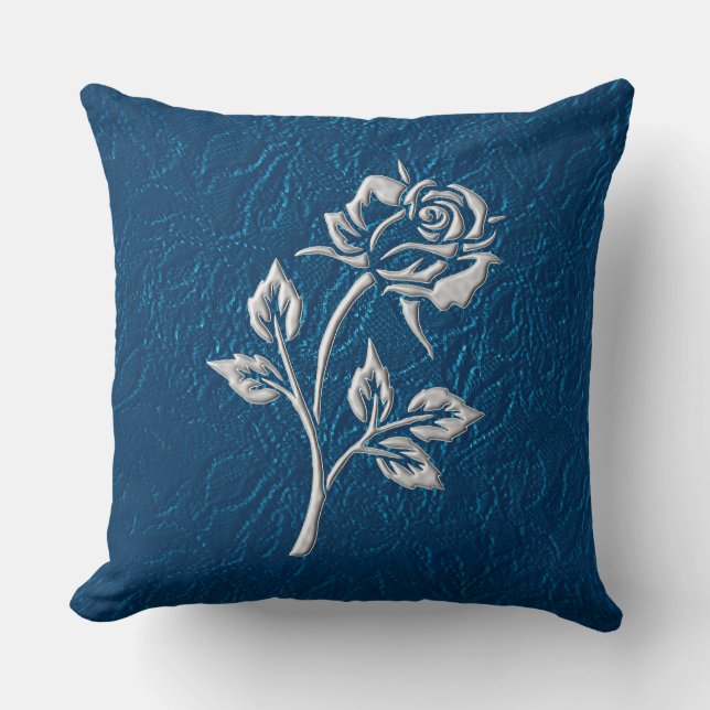 Blaue Spitze mit silberner Rose Kissen (Vorderseite)