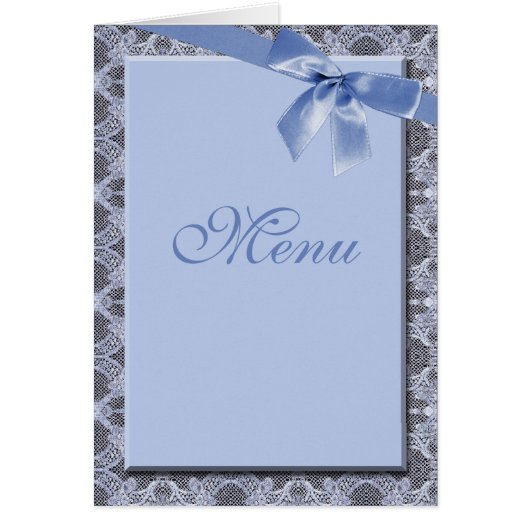 Blaue Spitze u. Band - Hochzeits-Menü-Karten (Vorne)