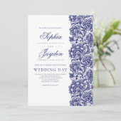 Blaue Spitzen Elegant und Moderne Hochzeit Einladung (Stehend Vorderseite)
