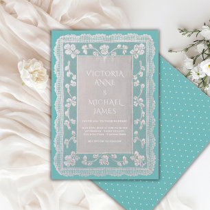 Blaue Spitzen-Hochzeit im verspielten Vintage-Stil Einladung