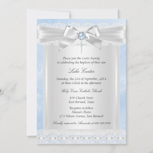 Blaue Spitzen Kreuztaufe Christening Einladung (Vorderseite)