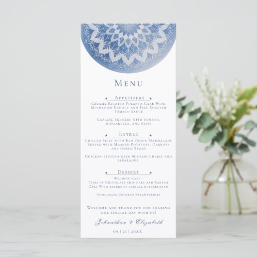 Blaue Spitzen-Mandala-Hochzeit Menükarte (Stehend Vorderseite)