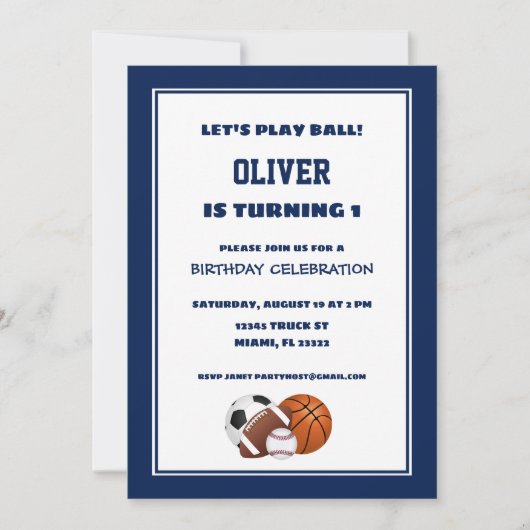 Blaue Sportarten zum Geburtstag Einladung (Vorderseite)