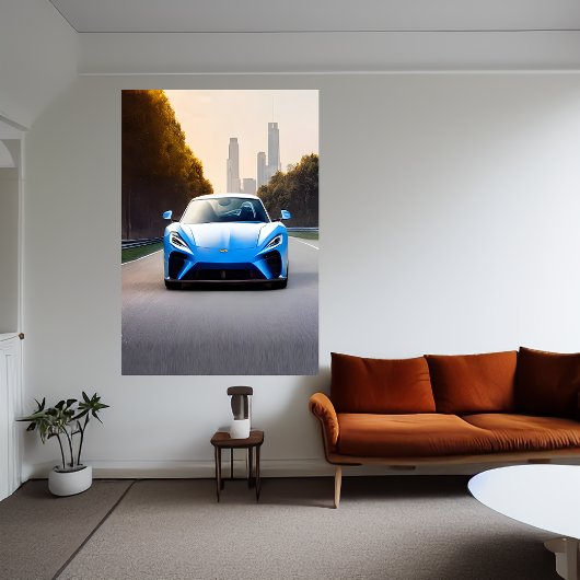 Blaue Sportwagen auf der Straße | AI Art Poster