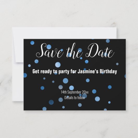 BLAUE SPOT BALLOON ALLES SCHWARZ SAVE THE DATE RSVP KARTE (Vorderseite)