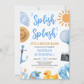 Blaue Spritzwasser-Plansch Strand-Party Geburtstag Einladung (Vorderseite)