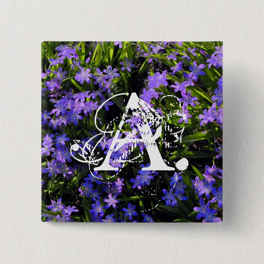 Blaue Squill Spring Blumen und Ihr Monogramm Button (Vorderseite)