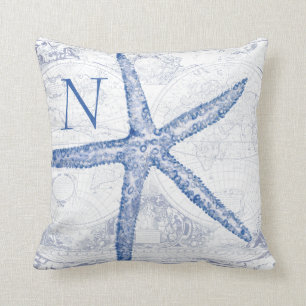 Blaue Starfish-Küstenkarten-mit Monogramm Initial Kissen