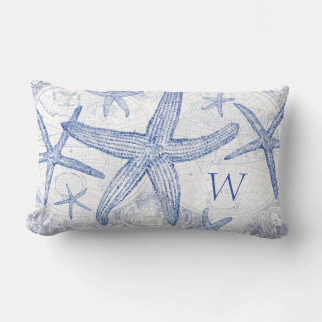 Blaue Starfish-Küstenkarten-mit Monogramm Initiale Lendenkissen (Vorderseite)
