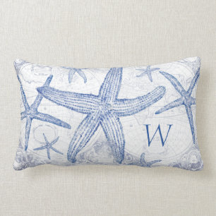 Blaue Starfish-Küstenkarten-mit Monogramm Initiale Lendenkissen