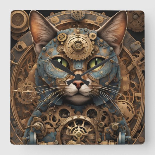 Blaue Steampatze Katzenkatze AI Art Square Wall Cl Quadratische Wanduhr (Vorderseite)