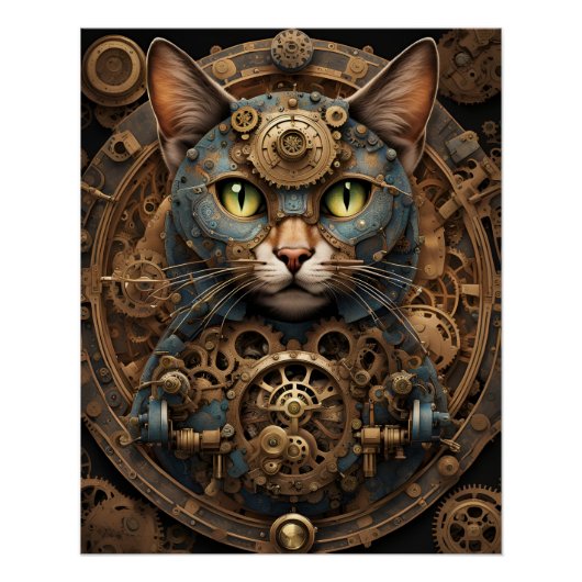 Blaue Steampunkatze KI-Kunstposter Poster (Vorderseite)
