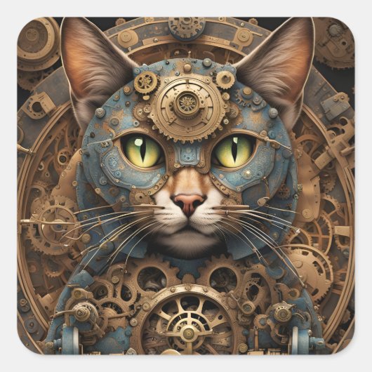 Blaue Steampunkkatze KI-Aufkleber Quadratischer Aufkleber (Vorderseite)