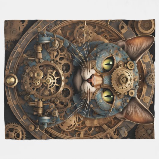 Blaue Steampunkkatze KI Kunstdecke Fleecedecke (Vorderseite (Horizontal))
