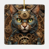 Blaue Steampunkkatze KI Kunstschmuck Keramikornament (Rückseite)