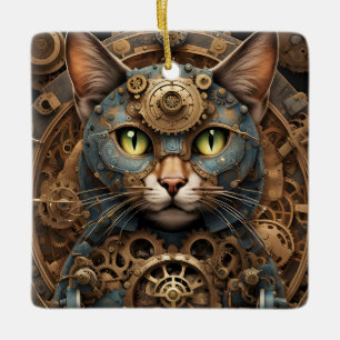 Blaue Steampunkkatze KI Kunstschmuck Keramikornament