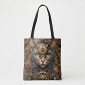 Blaue Steampunkkatze KI Kunsttote Tasche (Vorderseite)