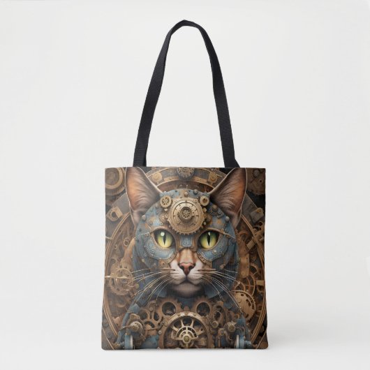 Blaue Steampunkkatze KI Kunsttote Tasche (Vorderseite)