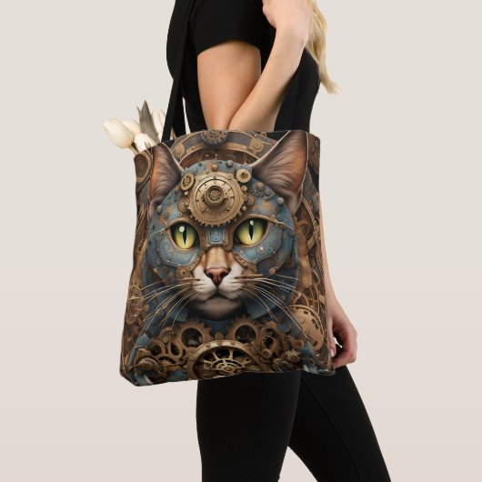 Blaue Steampunkkatze KI Kunsttote Tasche (Von Nahem)