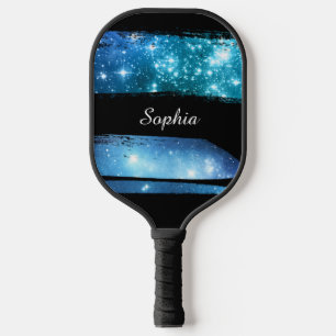 Blaue Sterne Pinselstriche, weißer Skriptname Pickleball Schläger