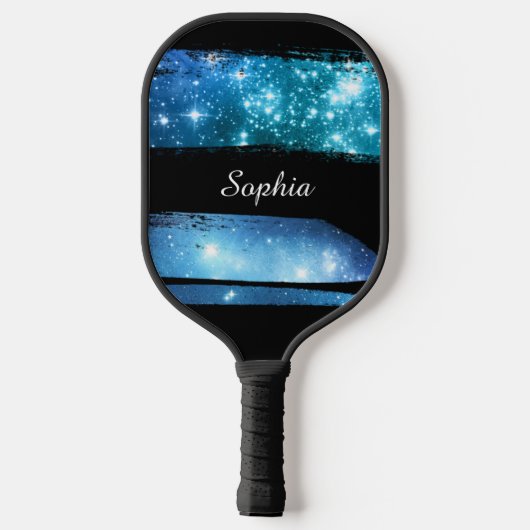 Blaue Sterne Pinselstriche, weißer Skriptname Pickleball Schläger (Rückseite)