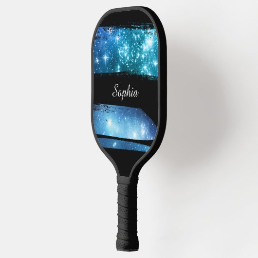 Blaue Sterne Pinselstriche, weißer Skriptname Pickleball Schläger (Links)
