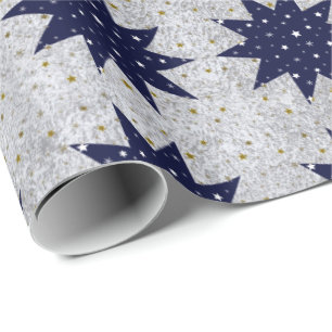 Blaue Sterne u. weiße Stern- u. funkelndgoldsterne Geschenkpapier