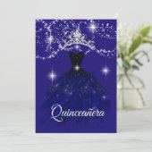 Blaue Sternennacht Sparkle Tiara Stars Quinceanera Einladung (Stehend Vorderseite)