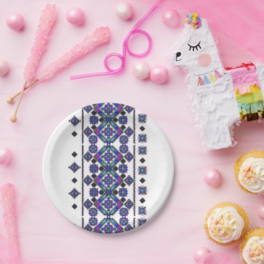 Blaue Stickerei Pappteller (Party)