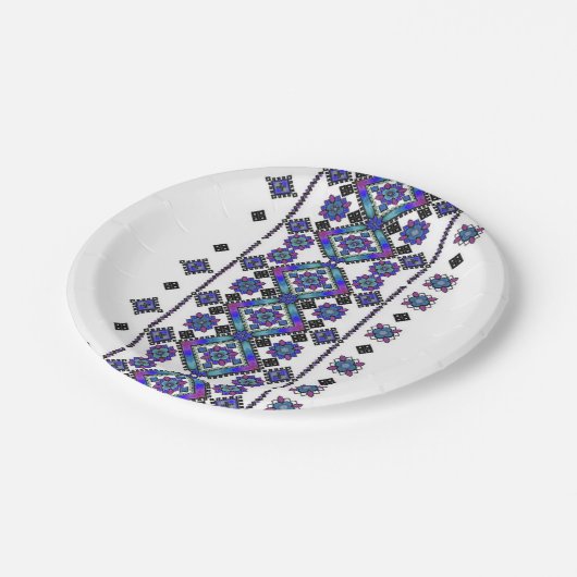 Blaue Stickerei Pappteller (Schrägansicht)