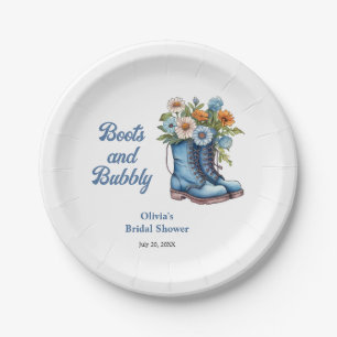 Blaue Stiefel und prickelnde blaue Western-Brautpa Pappteller