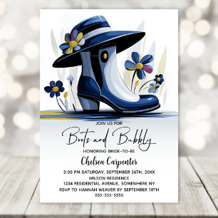 Blaue Stiefel und sprudelnde Brautparty Einladung