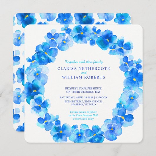 Blaue Stiefmütterchen Einladung (Vorne/Hinten)