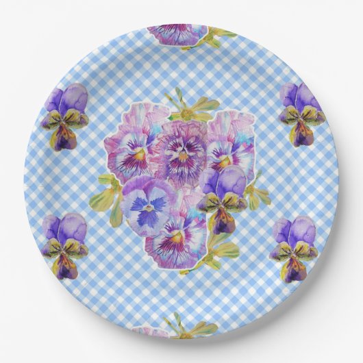 Blaue Stiefmütterchen-Karo-Blumen-Muster-Papier-Pa Pappteller (Vorderseite)
