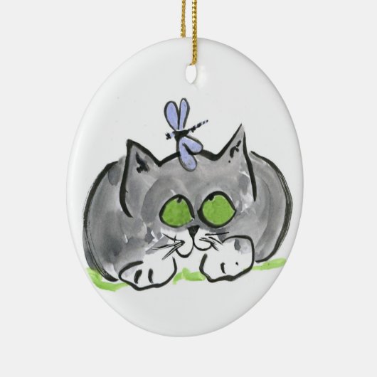 Blaue stopfende Nadel und graues Kätzchen Keramikornament (Rechts)