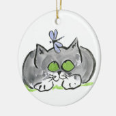 Blaue stopfende Nadel und graues Kätzchen Keramikornament (Links)