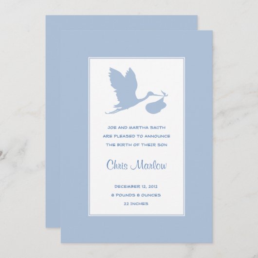 Blaue Storch-Geburtserklärung Ankündigung (Vorne/Hinten)