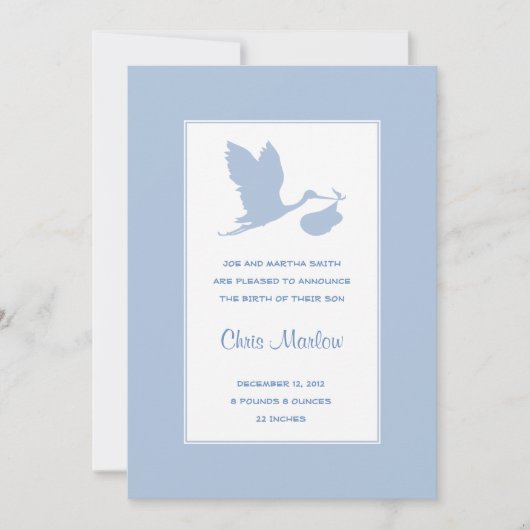 Blaue Storch-Geburtserklärung Ankündigung (Vorderseite)