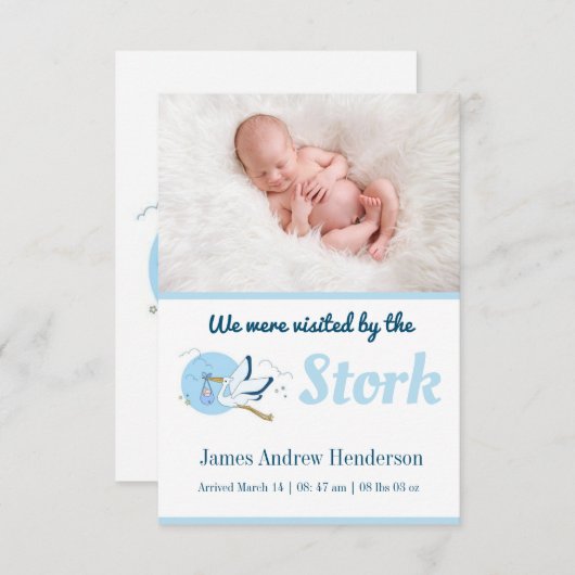 Blaue Storch-Geburtskarte (Vorne/Hinten)