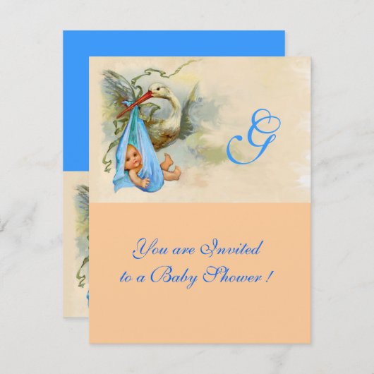 BLAUE STORK BABY BOY SHOWER MONOGRAM Pink Shimmer Einladung (Vorne/Hinten)