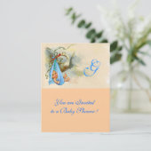 BLAUE STORK BABY BOY SHOWER MONOGRAM Pink Shimmer Einladung (Stehend Vorderseite)