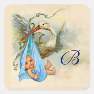 BLAUE STORK BABY SHOWER MONOGRAM QUADRATISCHER AUFKLEBER
