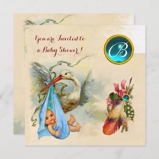 BLAUE STORK BOY BABY DUSCHE, GEMSTONE MONOGRAM EINLADUNG (Vorne/Hinten)