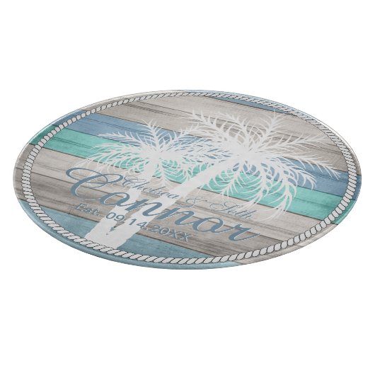 Blaue Strandbäume und Palmen Schneidebrett (Ecke)