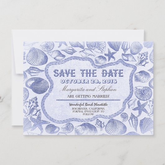 blaue Strandhochzeit Muscheln Save-the-Date Save The Date (Vorderseite)