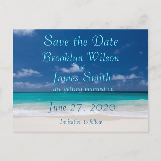 Blaue Strandhochzeit Save The Date Postkarte (Vorderseite)
