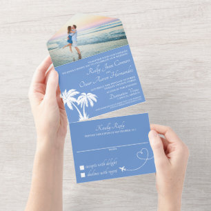 Blaue Strandhochzeits-Einladung in einem All In One Einladung