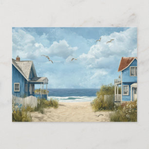 Blaue Strandhütten Küstenkunst Postkarte